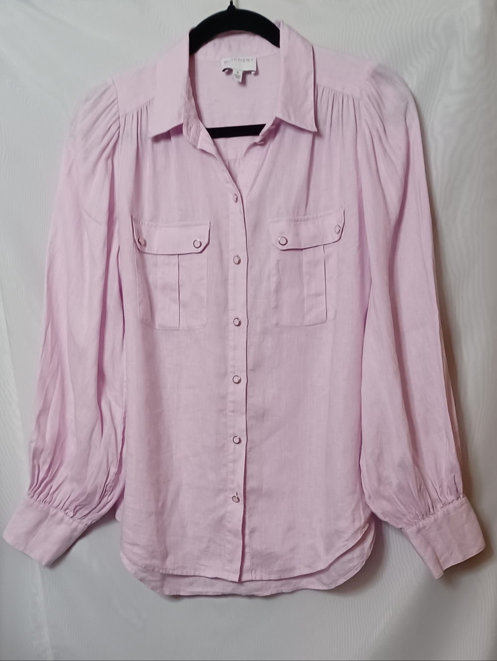 Witchery Women's Light Pink Linen Button-Front Shirt with Front Pockets. Size 8